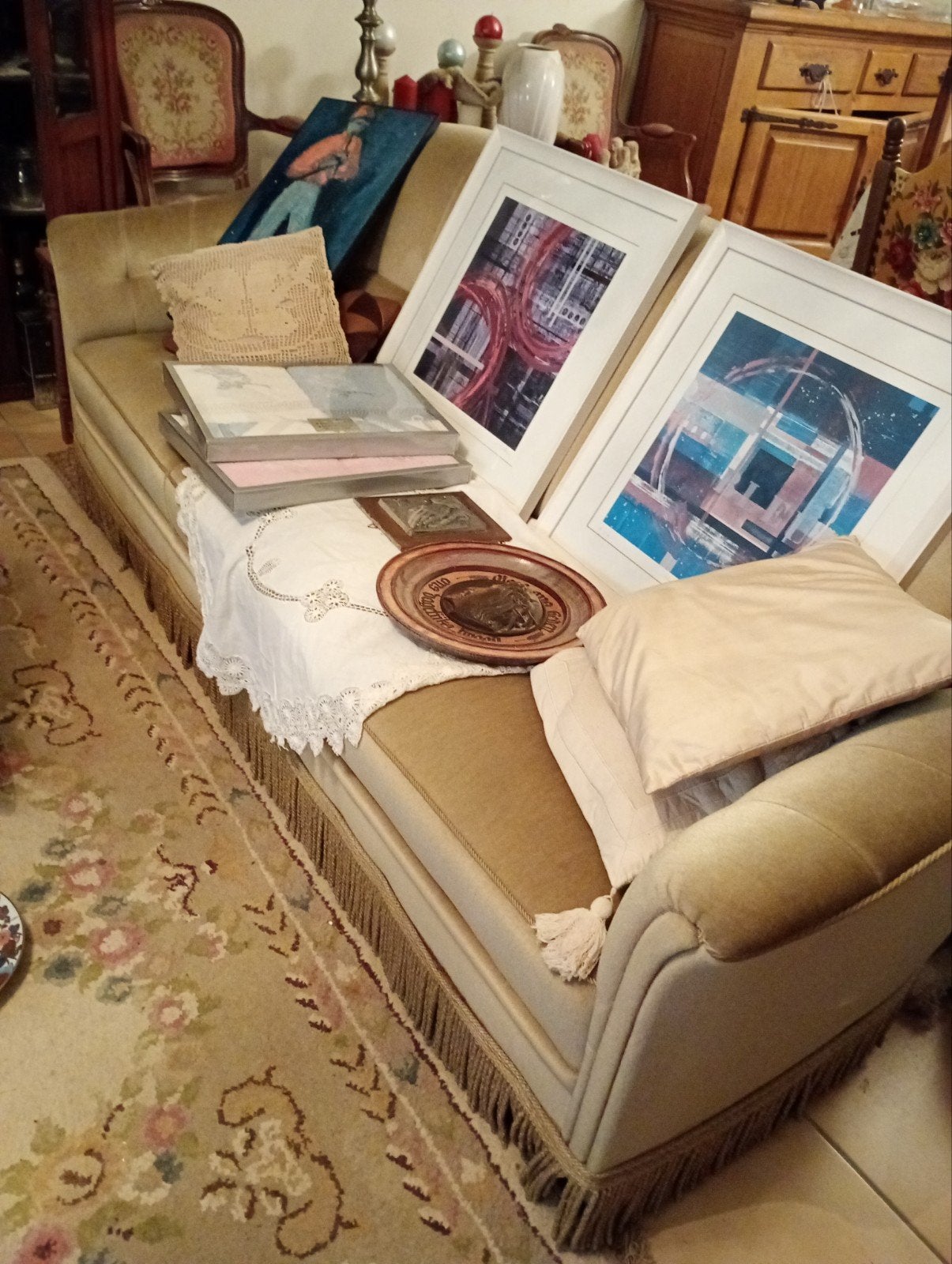 Fauteuils beiges style Hollywood/Chesterfield x2+canapé '70-, Enlèvement, Utilisé, Tissus