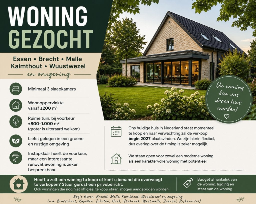 Woning gezocht – Essen, Brecht, Malle, Kalmthout + omgeving, Immo