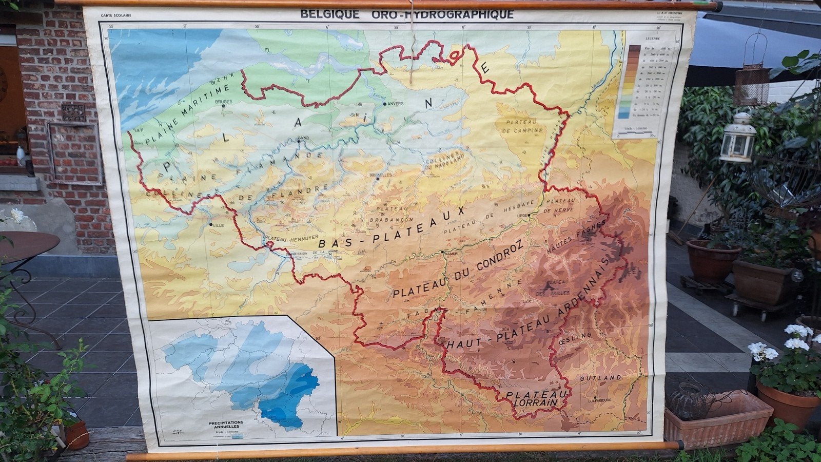 Ancienne carte de géographie.  Belgique oro- hydrographique, Enlèvement, Géographie
