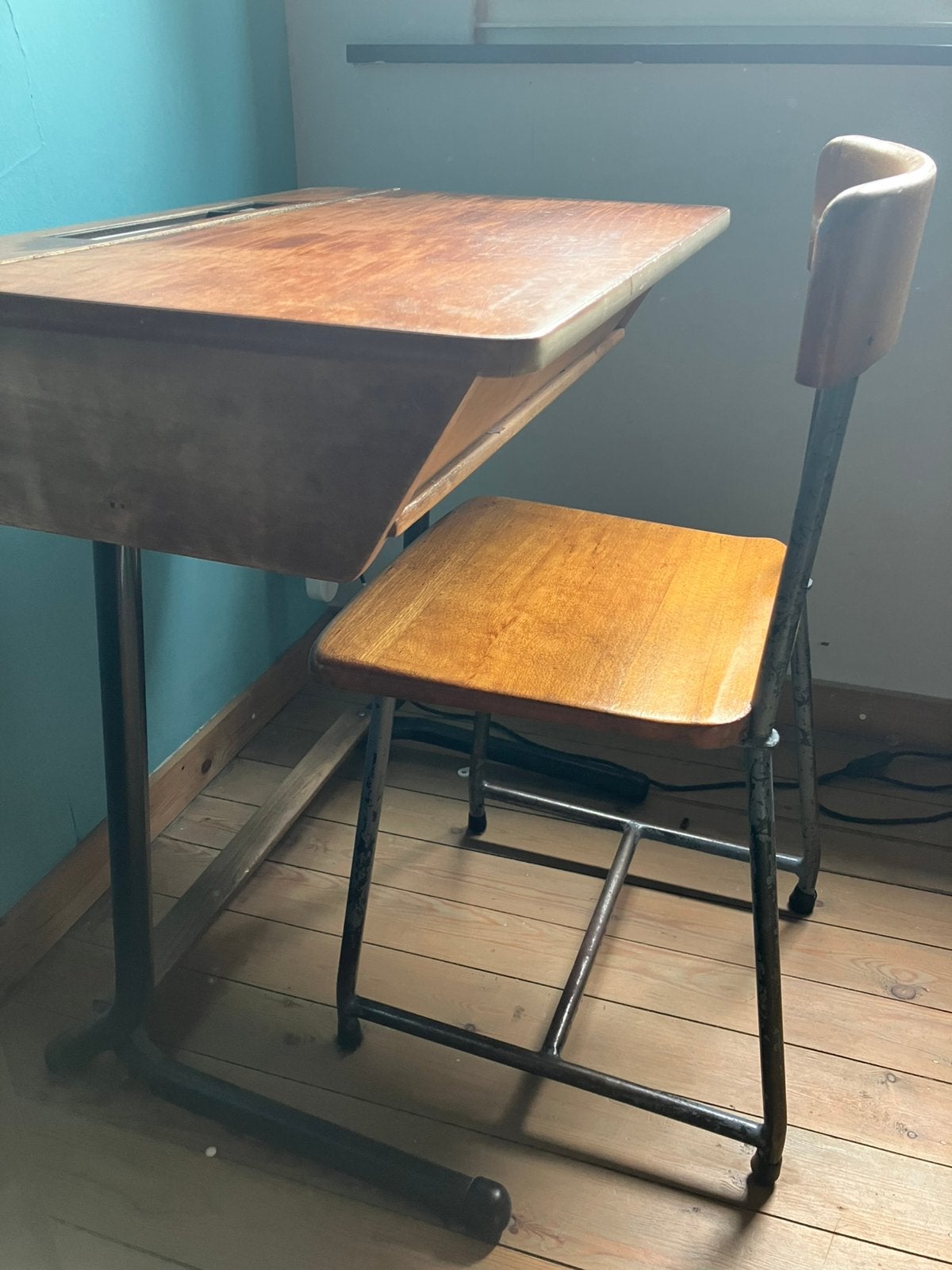 Vintage schoolbank met stoel, Huis en Inrichting, Vintage, Ophalen