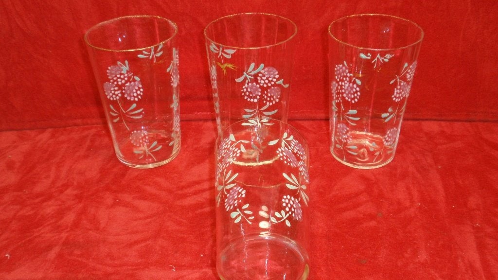 Set van 4 zeer oude limonade glazen met email beschildering, Verzamelen, Ophalen of Verzenden, Gebruikt, Waterglas