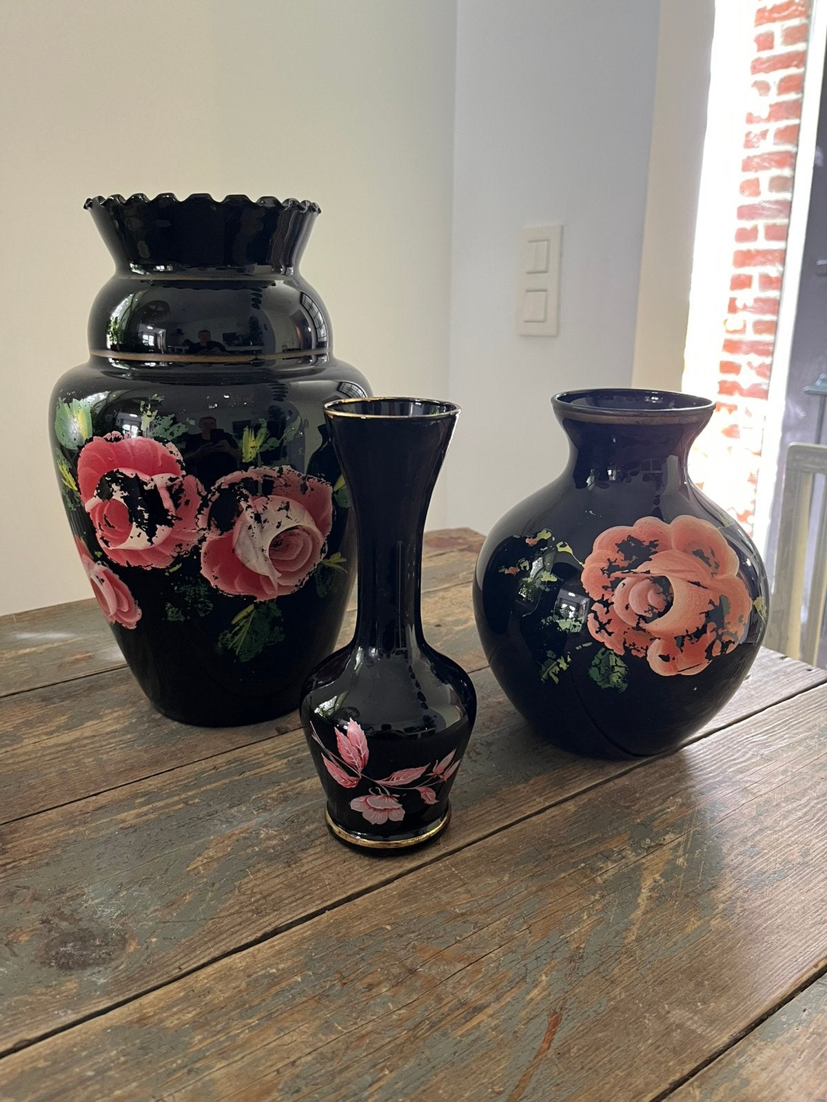 VINTAGE VAAS VAZEN ZWART BOOMS GLAS EMAILLE BLOEMEN, Antiek en Kunst, Ophalen of Verzenden