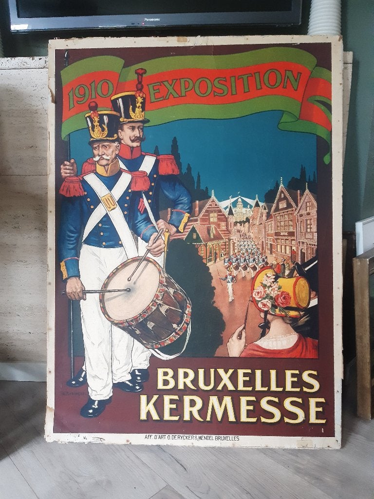 Originele Poster Bruxelles Kermesse Springael op hout, Verzamelen, Posters, Ophalen, Deurposter of groter, Reclame, Rechthoekig Staand