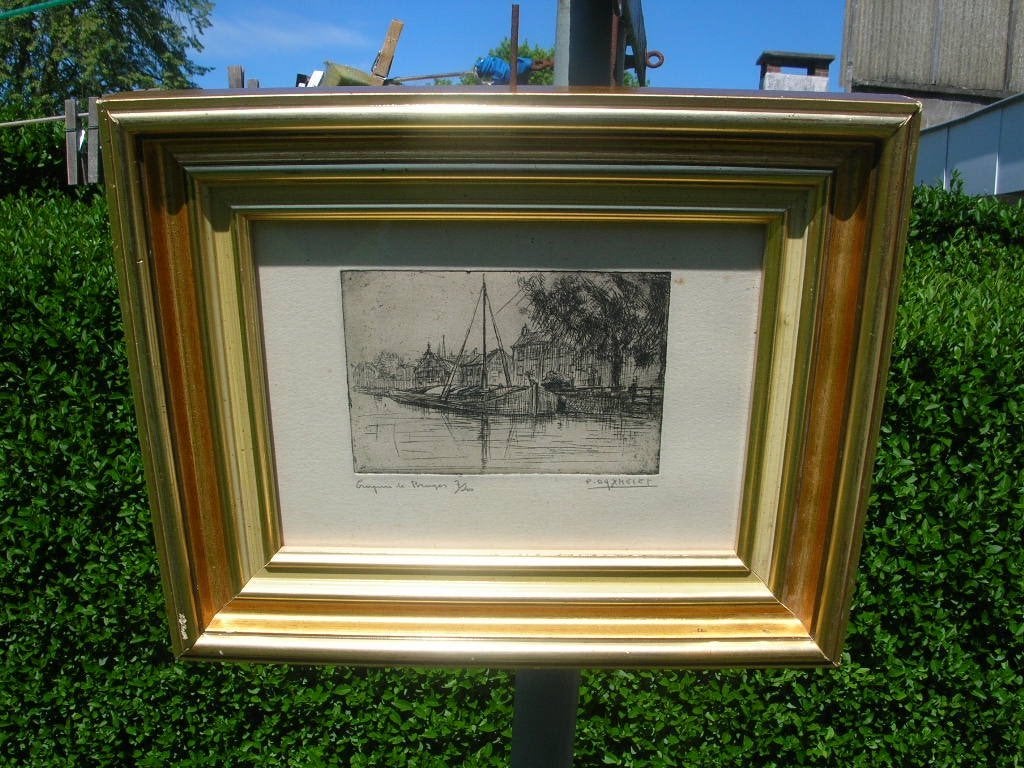 2P-GESIGNEERD PAUL DAXHELET A BRUGGE UITZICHT OP VLAANDEREN, Antiek en Kunst, Kunst | Etsen en Gravures, Gesigneerd, Ophalen of Verzenden