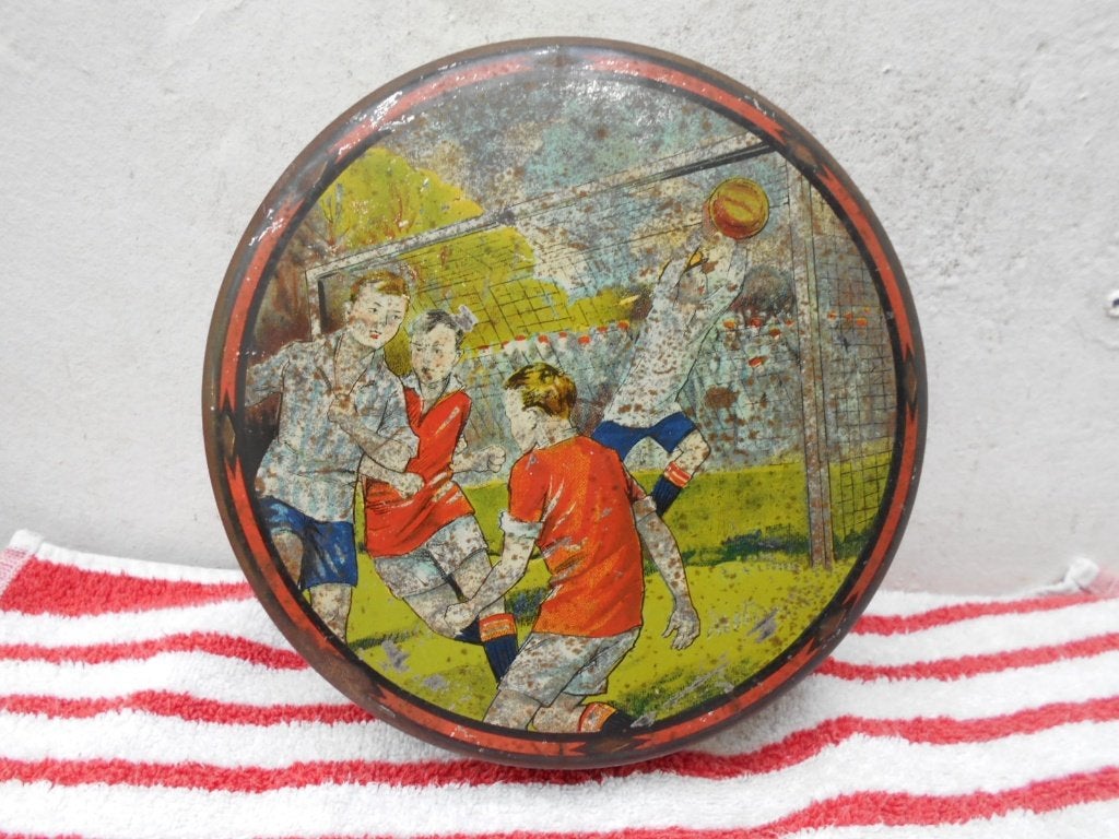antieke blikken doos  voetballers  1930, Verzamelen, Ophalen of Verzenden