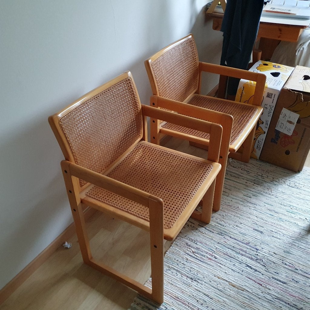 twee scandinavische vintage stoelen met rieten zit, Ophalen, Twee, Overige kleuren, Hout