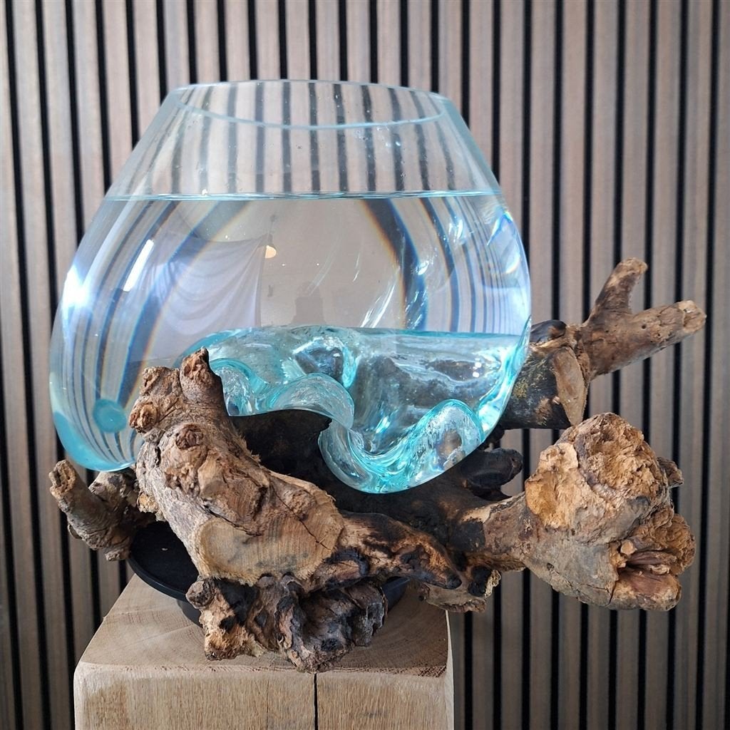 Gegoten vaas op houten stronk - Unieke exemplaren, Ophalen of Verzenden, Nieuw, Handgemaakt, Glas