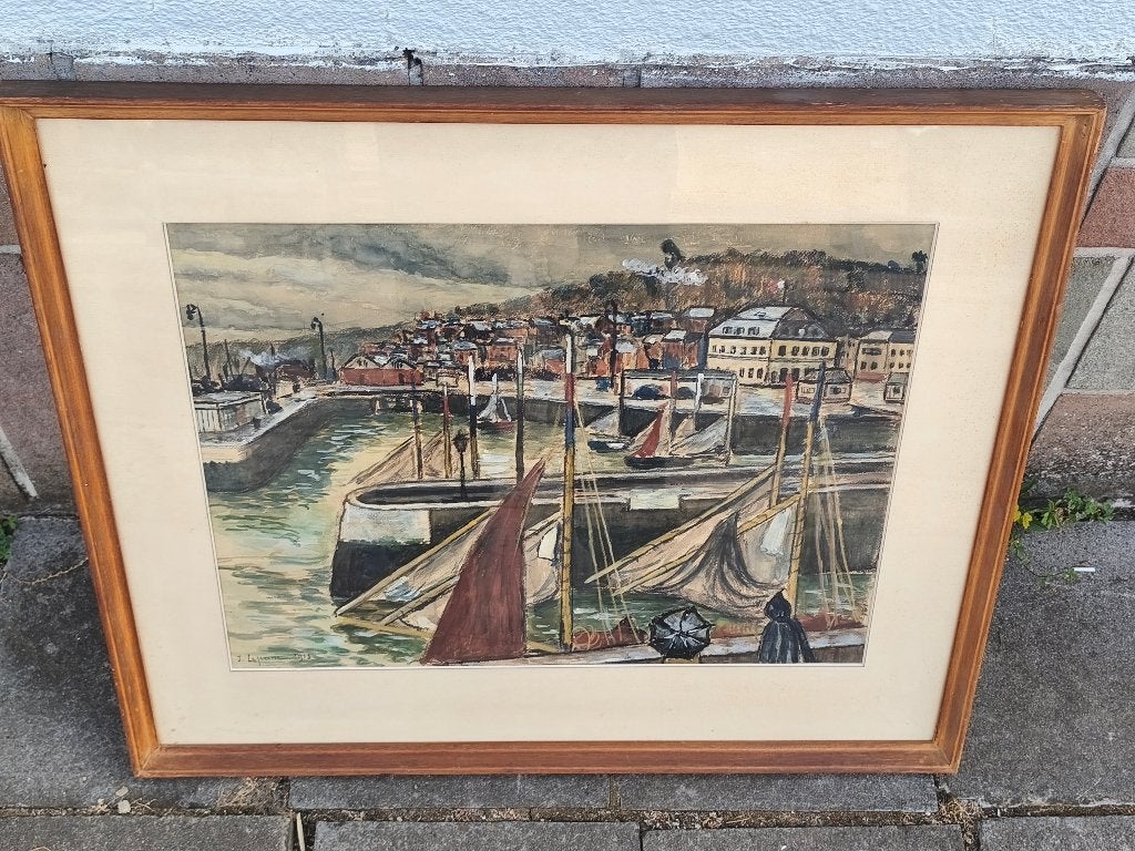 Aquarelle port signe ida rouzet lejeune, Antiek en Kunst, Ophalen of Verzenden, Aquarel