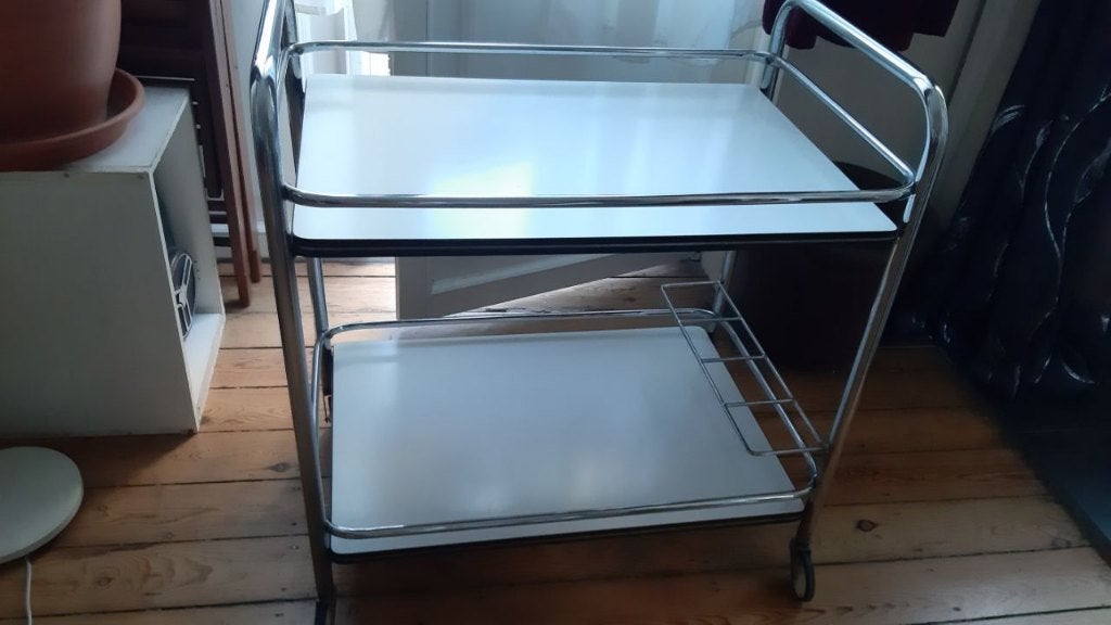 Vintage trolley van chroom en formica, Huis en Inrichting, Tafels | Sidetables, Ophalen, Gebruikt, 50 tot 100 cm, Metaal