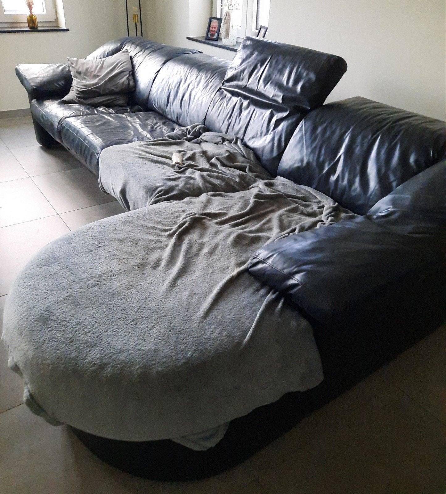 Lederen grijze hoeksalon met inklapbare hoofdsteunen, 75 à 100 cm, Enlèvement, Utilisé, Cuir