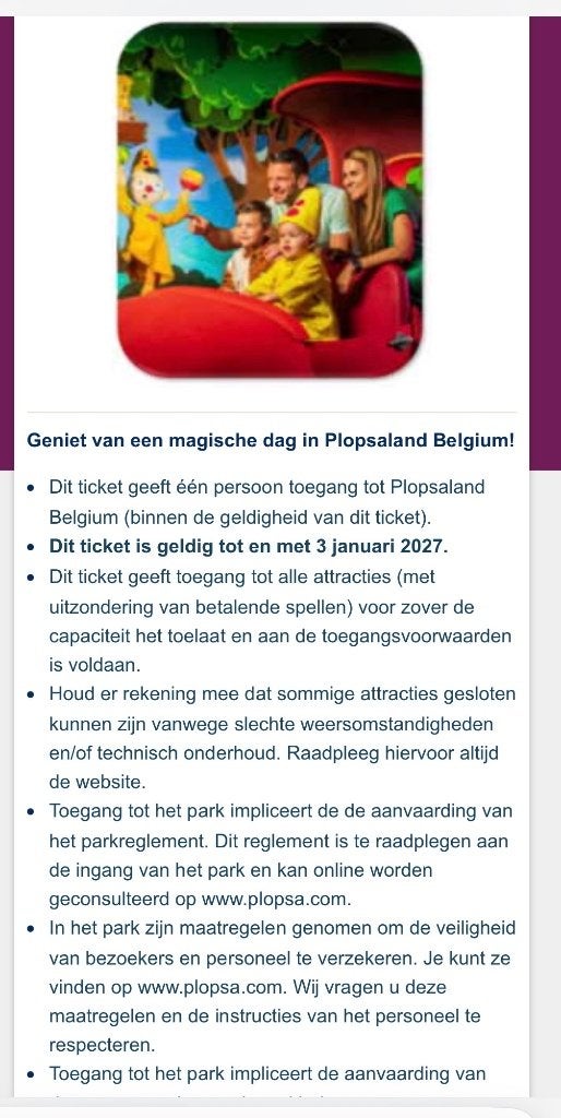 Plopsaland ticket, Tickets en Kaartjes, Eén persoon, Ticket of Toegangskaart