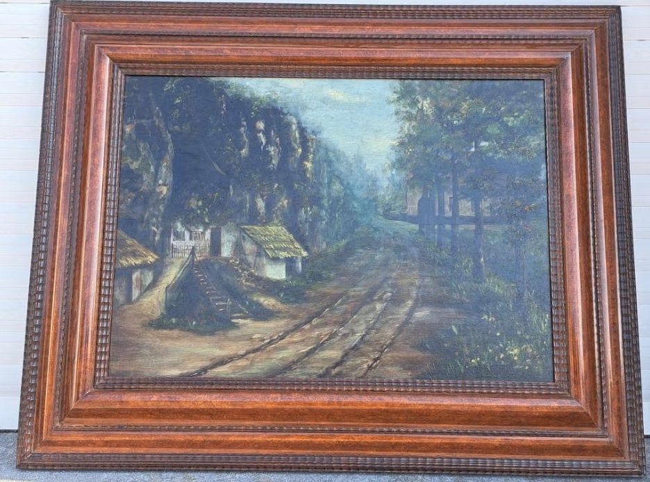 huile sur panneau chemin avec une maison, Enlèvement ou Envoi, Panneau