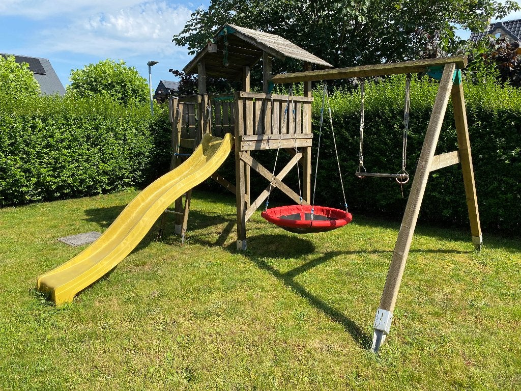 Jungle Gym Chalet + Schommelmodule & VEEL extra's!, Kinderen en Baby's, Speelgoed | Buiten | Speeltoestellen, Gebruikt, Glijbaan