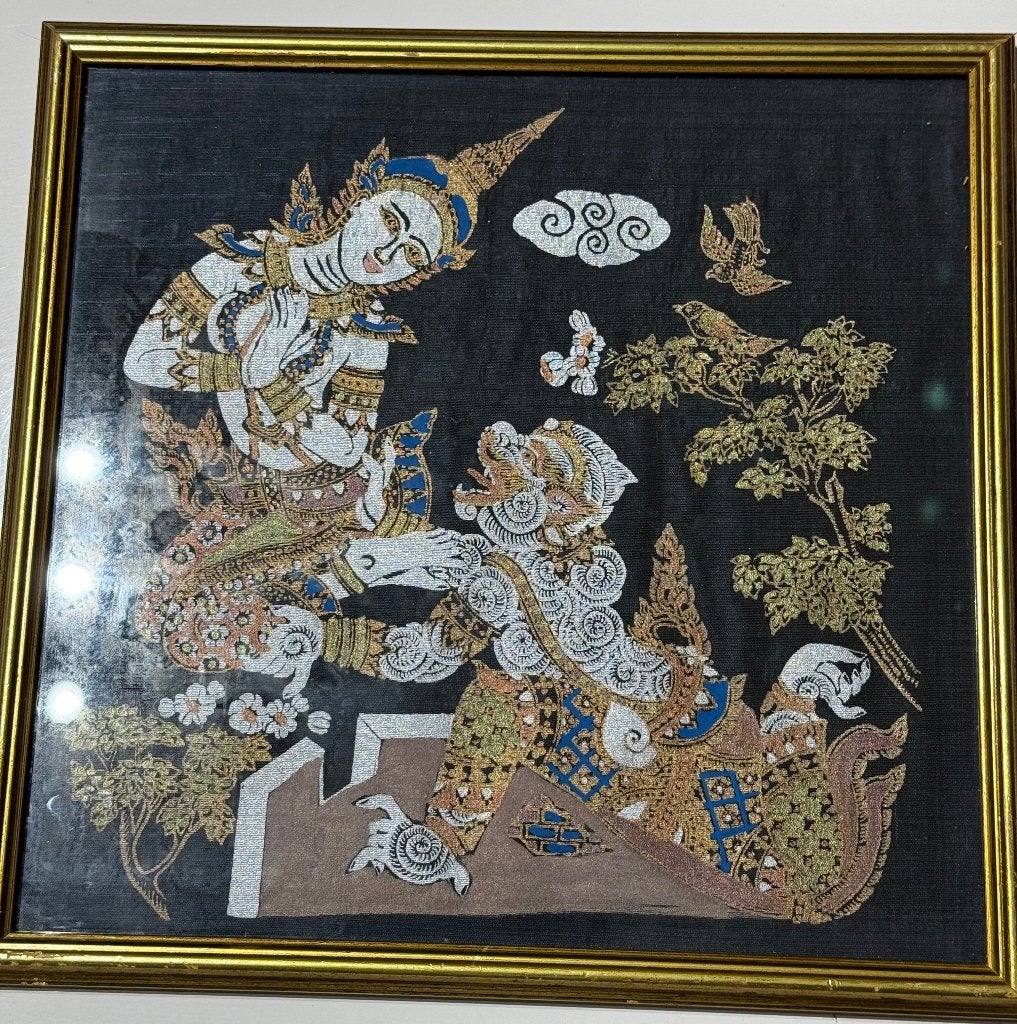 Peinture sur soie Thaïlandaise, Originale datant de 1989., Antiquités & Art, Œuvre originale, Autres sujets, Autres techniques
