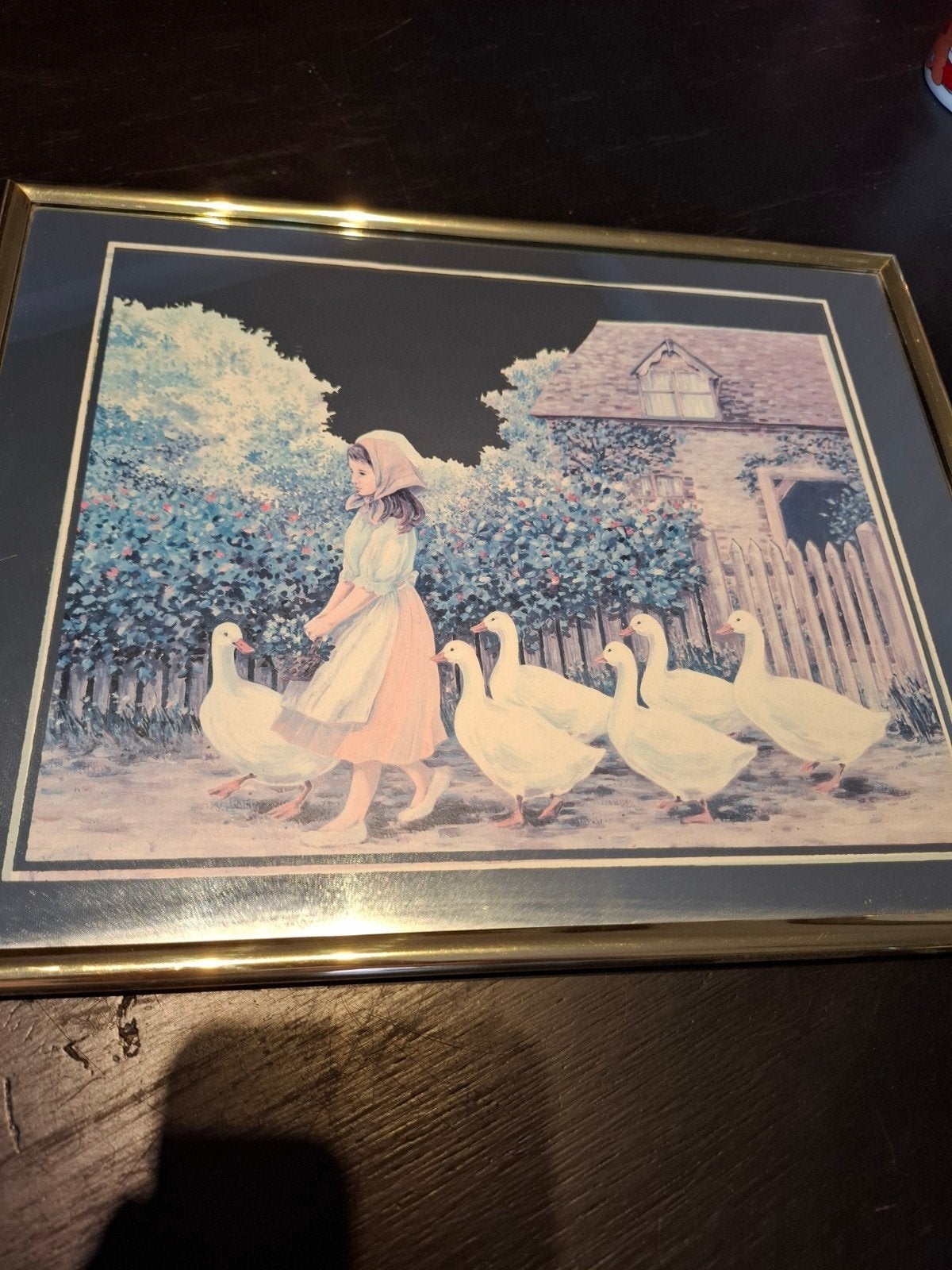 Vintage schilderij / prent 'De Ganzenhoedster' jaren 70/80 -, Antiek en Kunst, Ophalen, Schilderij, Prent, Met ophangsysteem