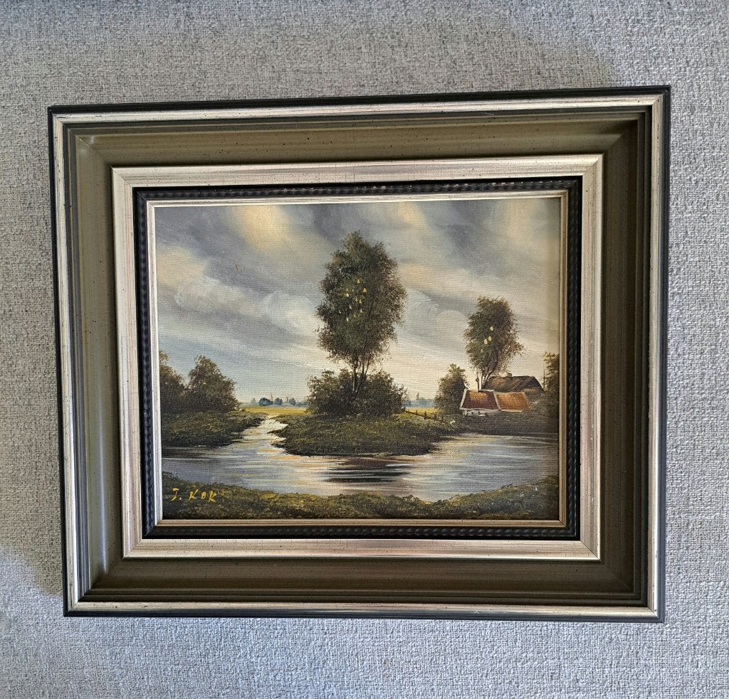 Paysage des polders hollandais — Huile sur toile — Signé, Enlèvement ou Envoi, Peinture à l'huile, Paysage, Encadré