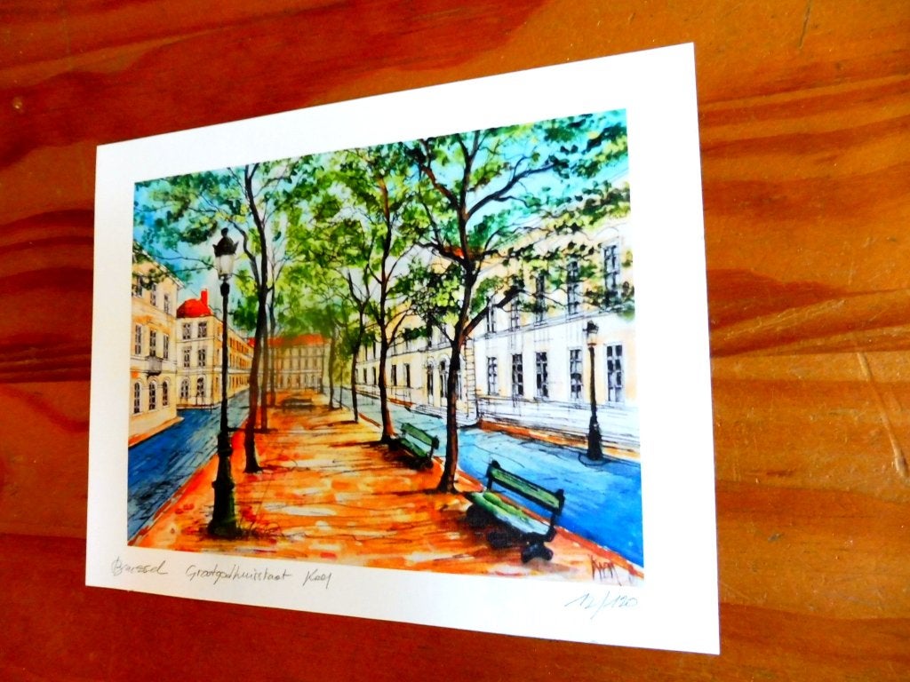 Kunstdruk 21x16cm Brussel 12/120, Antiek en Kunst, Verzenden, Genummerd, Offsetdruk, Landschappen