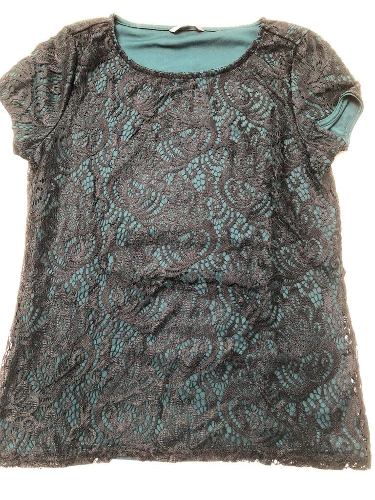 T-shirt korte mouw groen en zwarte kant, Kleding | Dames, Ophalen of Verzenden, Zo goed als nieuw, Korte mouw, Maat 36 (S)