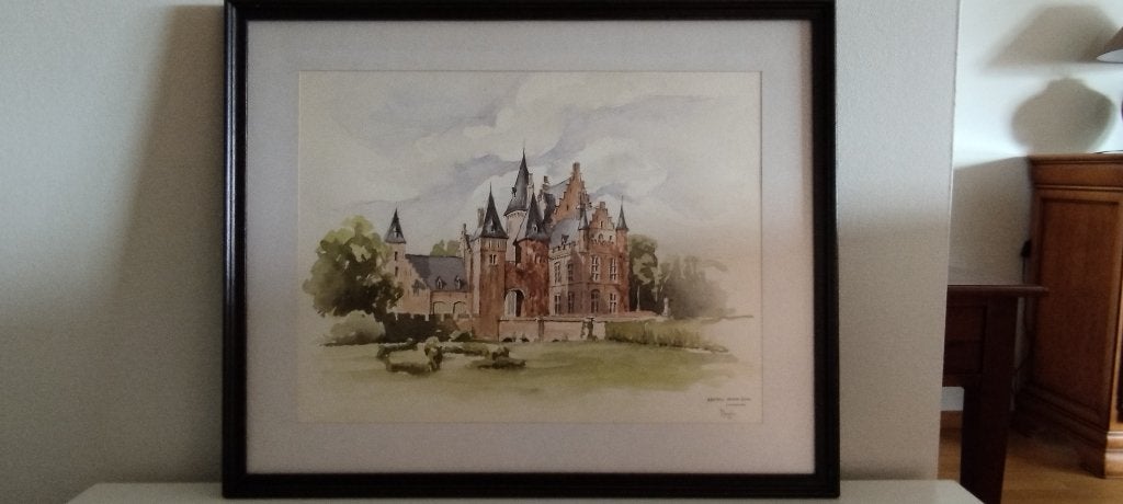 Aquarel Kasteel Baron Dons Lovendegem, Antiquités & Art, Autres sujets, Aquarelle, Enlèvement, Papier