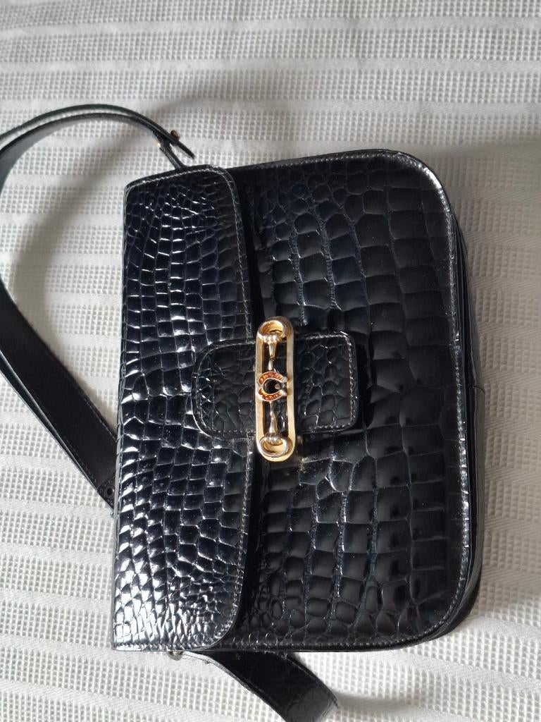 Sac à main vintage en cuir noir avec relief de crocodile., Enlèvement, Comme neuf, Noir, Sac à main
