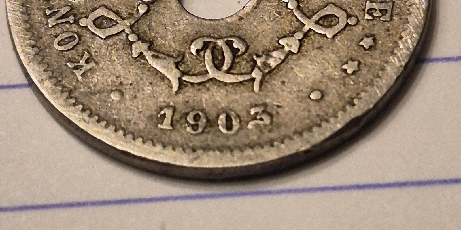5 centiem met stempelbreuk in 3 ,leopold 2 type Michaux 1903, Timbres & Monnaies, Monnaies | Belgique, Enlèvement ou Envoi, Autre