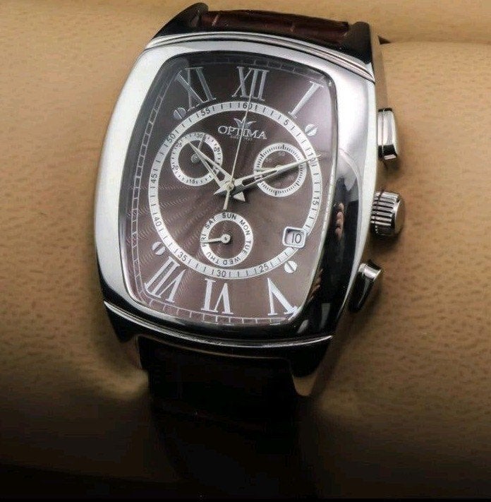 Optima swiss made chronograaf herenhorloge. NIEUW!, Bijoux, Sacs & Beauté, Autres marques, Cuir, Acier, Envoi