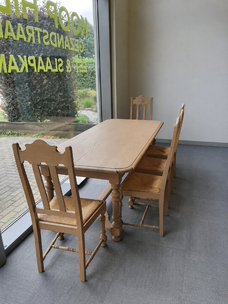 Handgemaakte Bretoense eettafel en/met 6 stoelen, Huis en Inrichting, Tafels | Eettafels, Ophalen, Gebruikt, Bretoens, Eikenhout