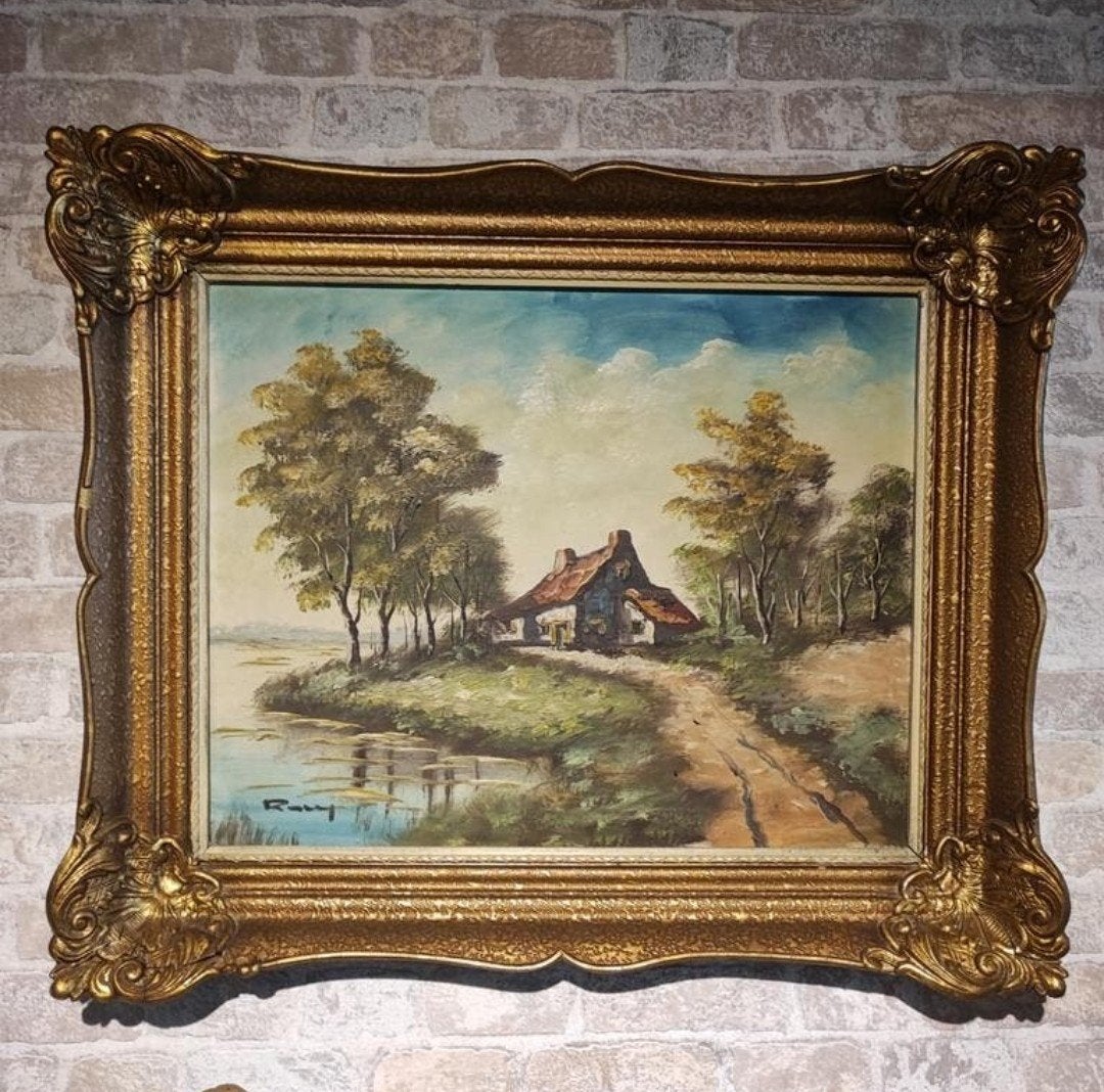 Peinture à l'huile sur toile des années 50 signée Rouy, Peinture à l'huile, Paysage, Signé, Enlèvement