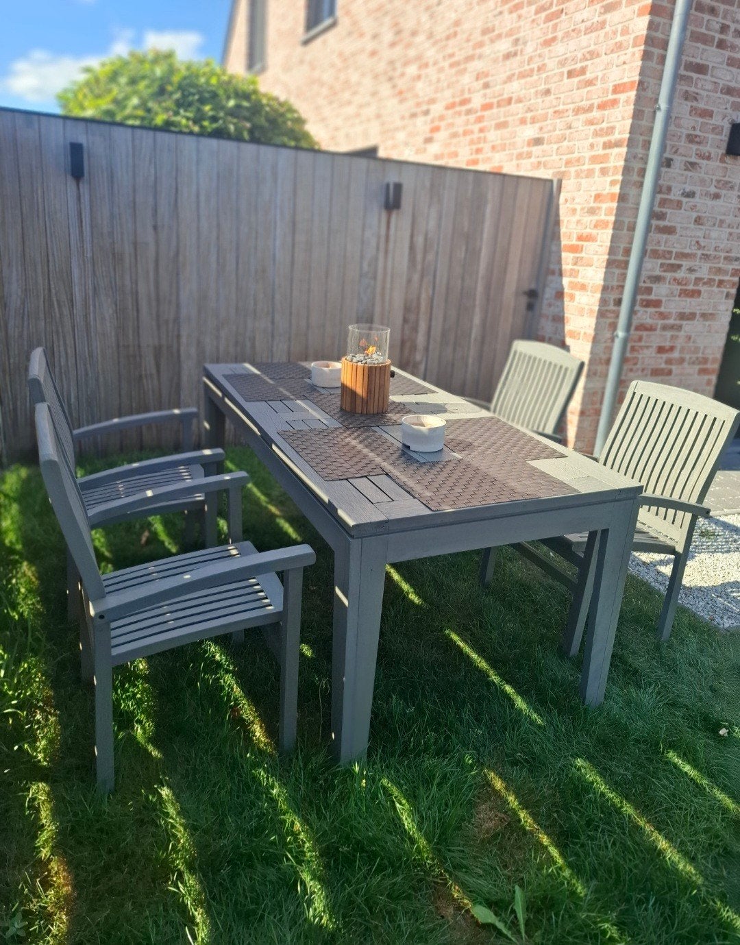Tuintafel + 4 stoelen teak, Tuin en Terras, Tuinsets en Loungesets, Ophalen
