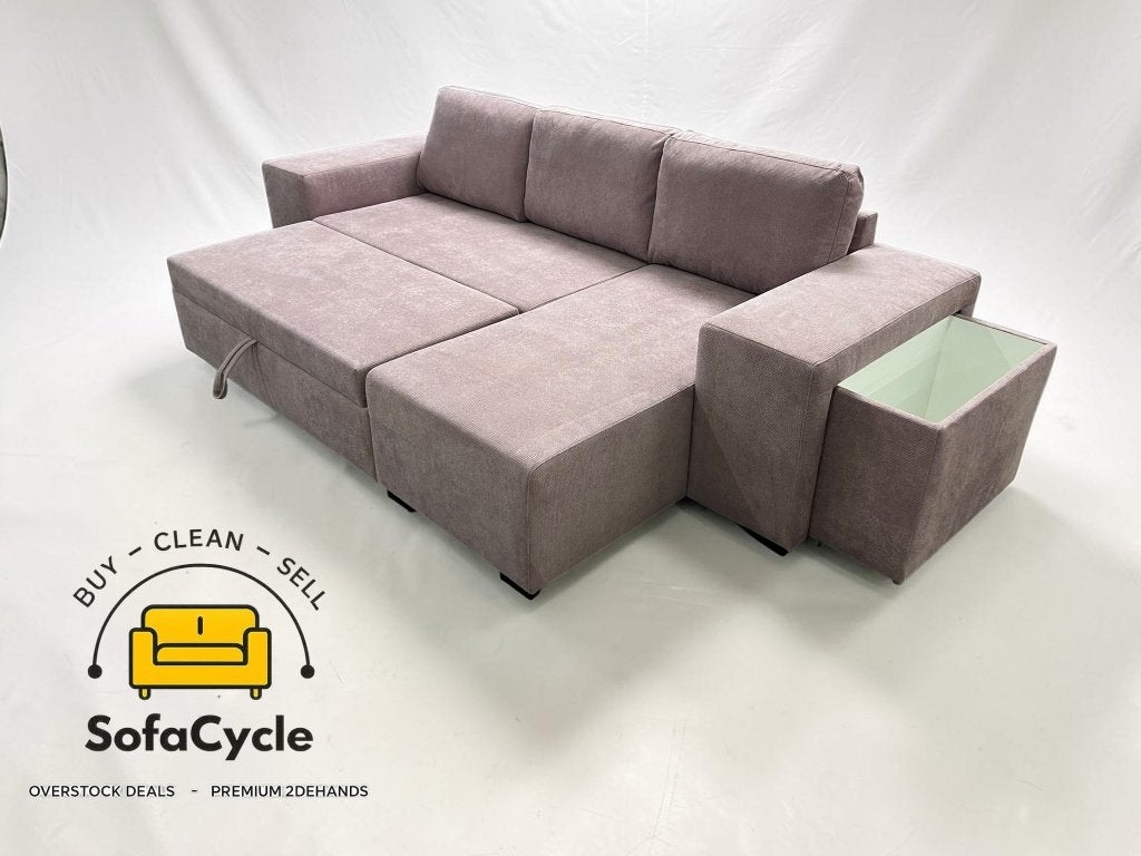 Hoekzetel roze, slaapfunctie en opbergbox, rechts – nieuw, Gebruikt, Stof, Zonnestraat 223-229, 9600 Ronse, België, Info@sofacycle.be