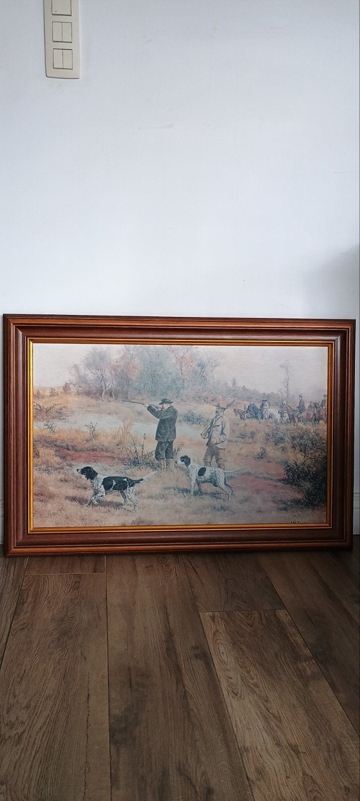 Jachttafereel op doek met reliëf., Antiek en Kunst, Ophalen, Doek, Landschap, Klassiek