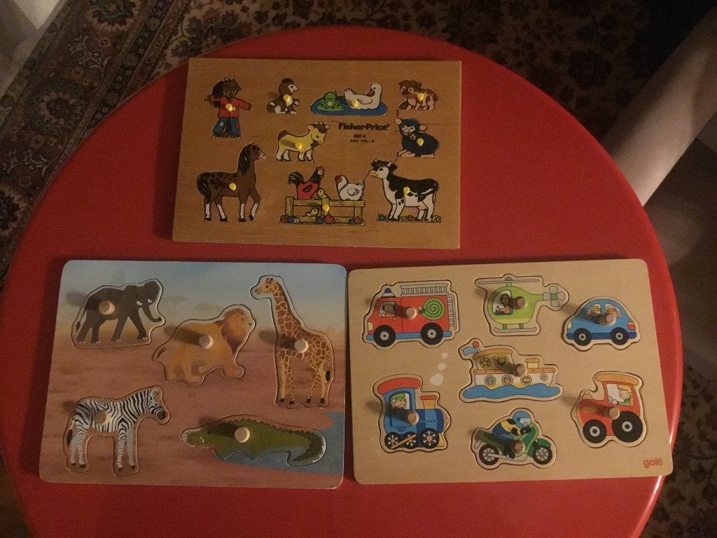 3 houten inlegpuzzels, Ophalen, Gebruikt, Van hout, Minder dan 10 stukjes