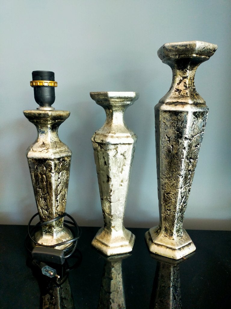 3-delige set: 2 zilveren kandelaars  1 bijpassende tafellamp, Antiek en Kunst, Ophalen of Verzenden, Keramiek of Aardewerk