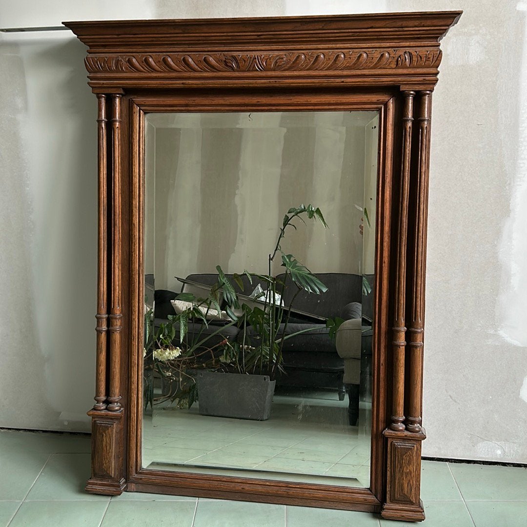 Grote antieke schouwspiegel Empire eikenhout XIXe, Ophalen, Rechthoekig, 50 tot 100 cm, 100 tot 150 cm