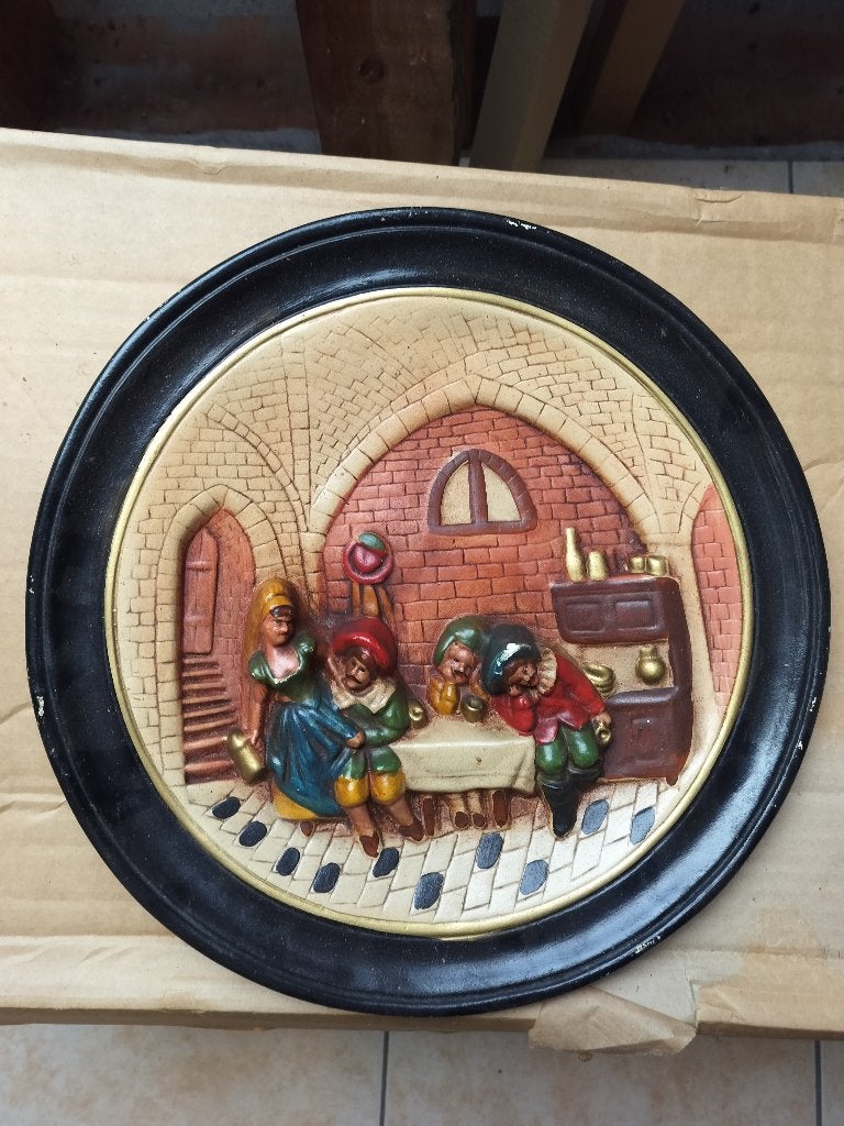 Vintage 3D reliëf wandbord – Oud-Hollandse taverne scène, Enlèvement ou Envoi