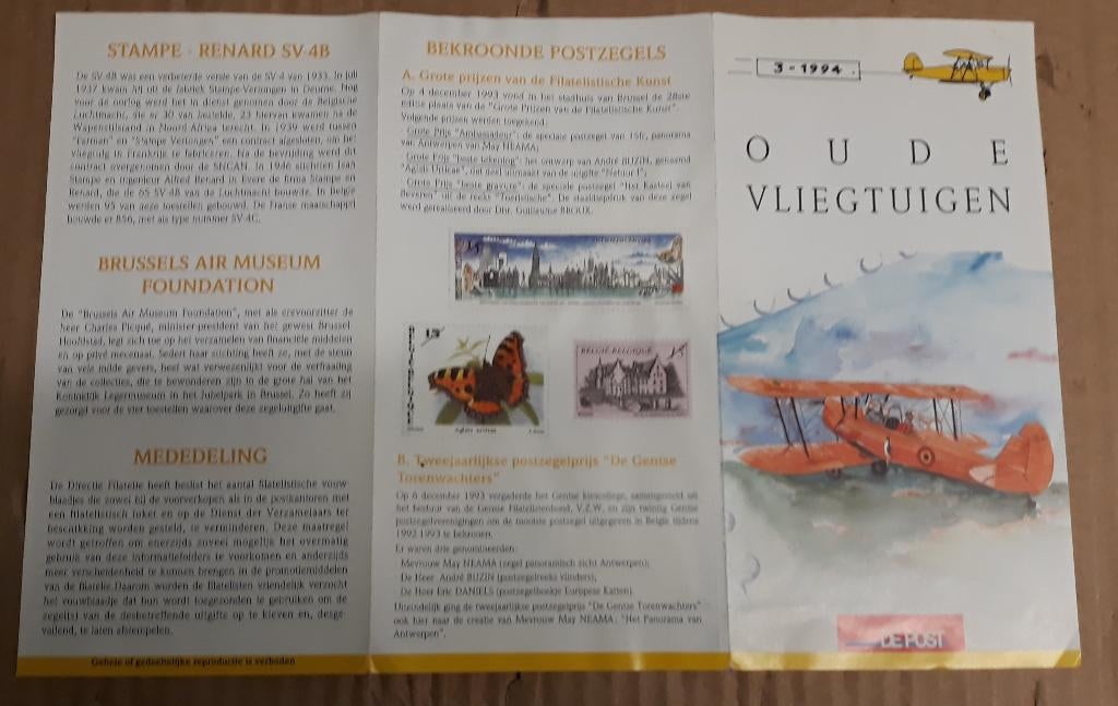 Belgische postzegels op brochure "Oude Vliegtuigen", Postzegels en Munten, Verzenden, Luchtvaart