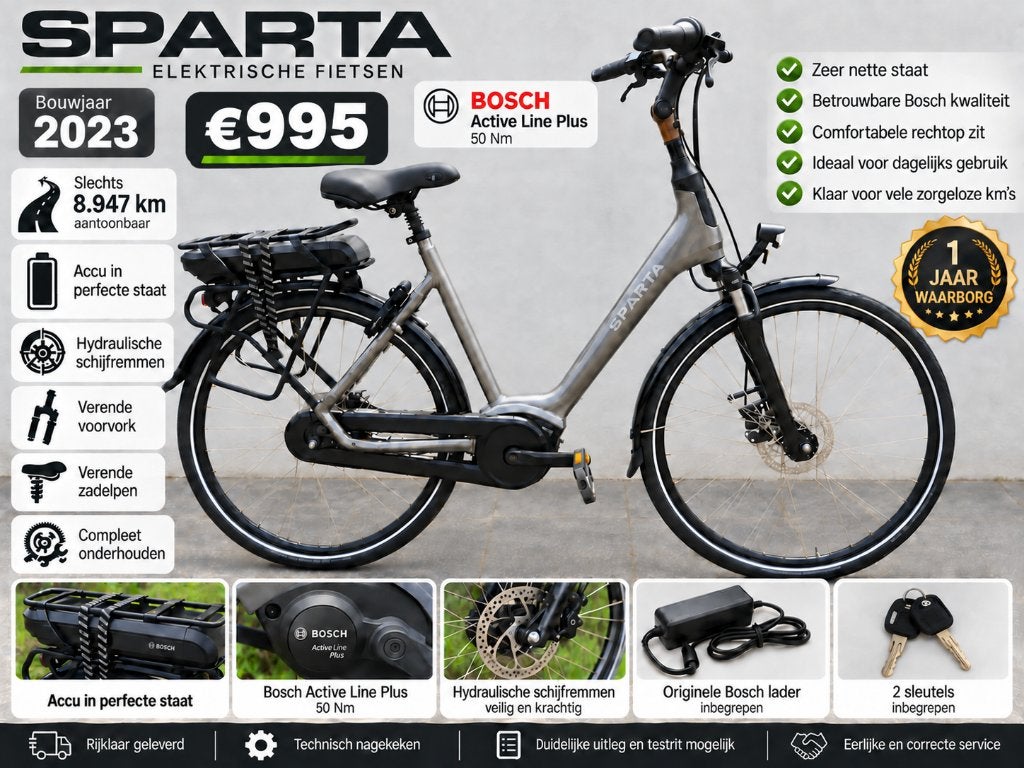 Sparta e-bike 2023 – Bosch active plus middenmotor– maat 53, Vélos & Vélomoteurs, 50 km par batterie ou plus, Comme neuf, Enlèvement