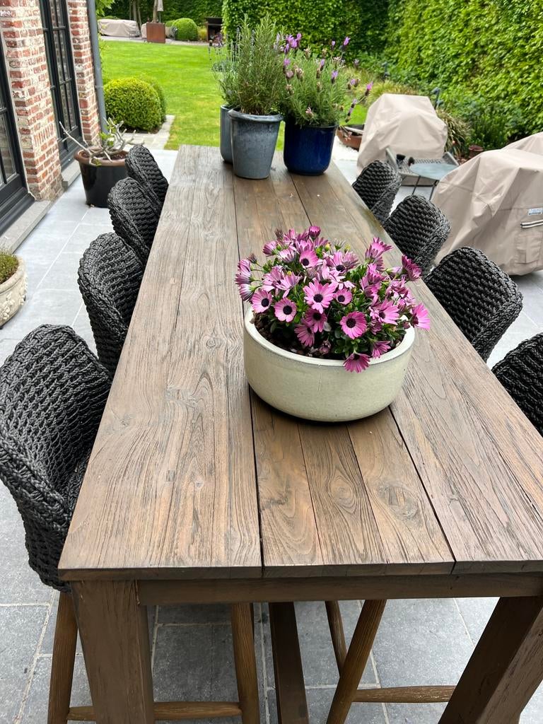 Hoge teaktafel met 8 barstoelen, Tuin en Terras, Tuintafels, Gebruikt, Rechthoekig, Hout, Ophalen