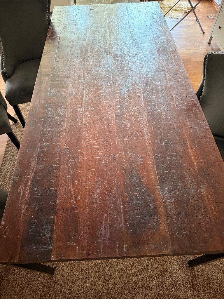 Grande table en bois massif 1mx2,2m + 6 chaises en velours, Enlèvement, Comme neuf, Rustique contemporain / industriel, 4 à 6 chaises