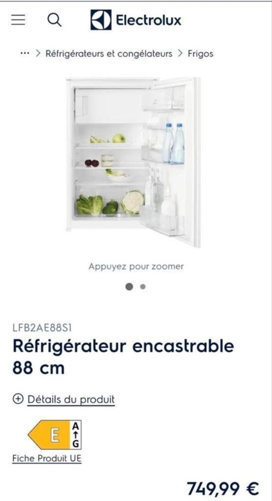 Frigo intégrable 88cm Electrolux NEUF, Articles professionnels, Enlèvement, Autres types