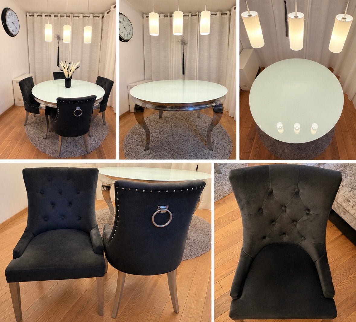 Compleet modern Eettafel met 4 zwarte stoelen, Ophalen, Rond, Zo goed als nieuw, Vijf personen of meer