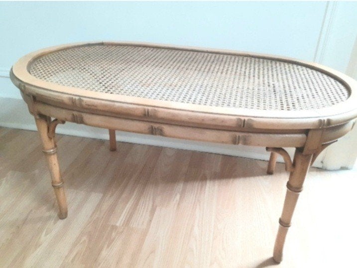 Uccle-Forest: table basse de salon ovale, bois façon bambou, Ophalen, Gebruikt, 50 tot 100 cm, Palm Beach Regency- vintage