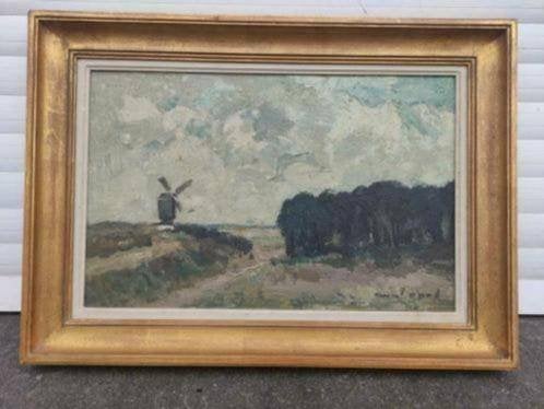 huile sur panneau paysage au moulin signe armand apol, Antiek en Kunst, Ophalen of Verzenden, Landschap, Paneel