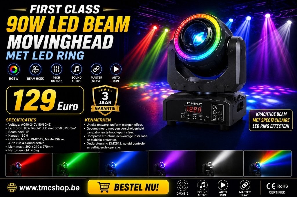 Nieuwe First Class 90W LED BEAM MOVINGHEAD MET LED RING, Muziek en Instrumenten, Ophalen of Verzenden, Nieuw, Licht, Geluidgestuurd