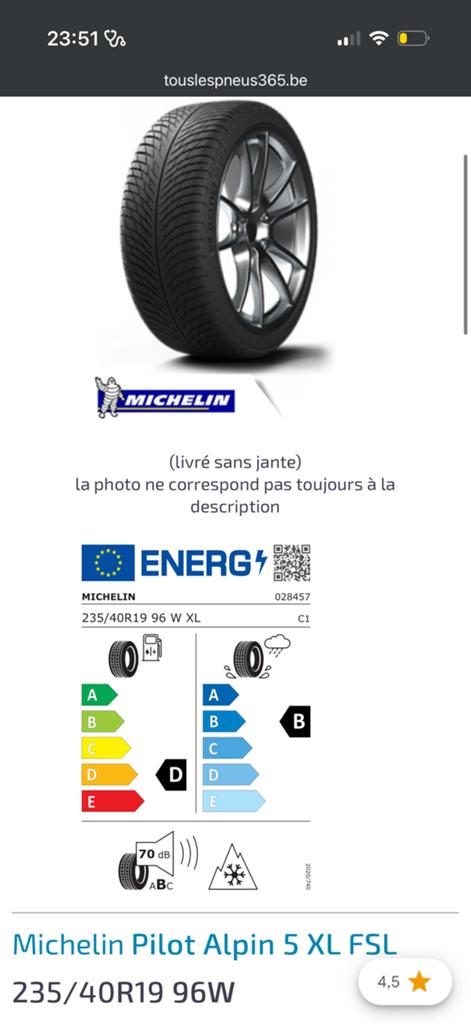 4 Pneus hiver michelin alpin 235/40 R19 alpin XL, Autos : Pièces & Accessoires, Pneus & Jantes, Enlèvement, Pneus hiver, Pneu(s)