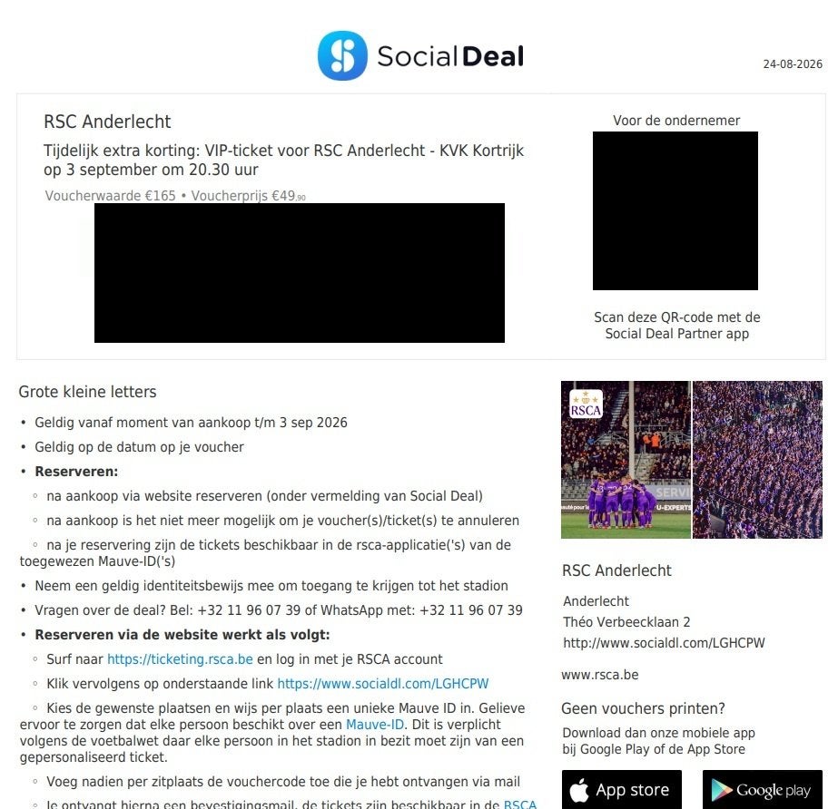 VIP Ticket RSC Anderlecht - KVK Kortrijk (3/09), Losse kaart, Eén persoon, September