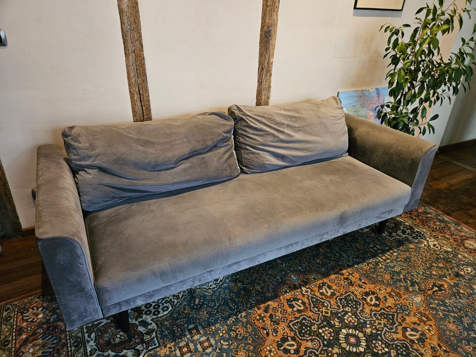 Grote 3-zits sofa slaapbank taupe/grijs fluweel – 187x90cm, Enlèvement, Gris