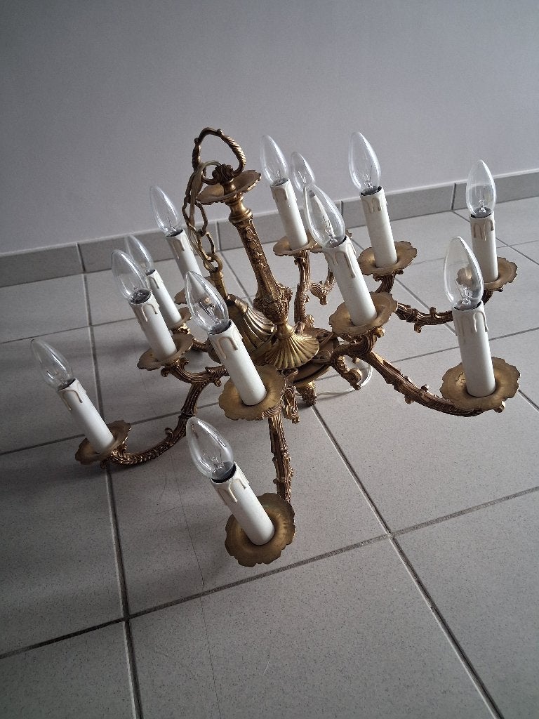 Ancien lustre en laiton, Huis en Inrichting, Lampen | Kroonluchters, Ophalen, Zo goed als nieuw, Glas, Ancien