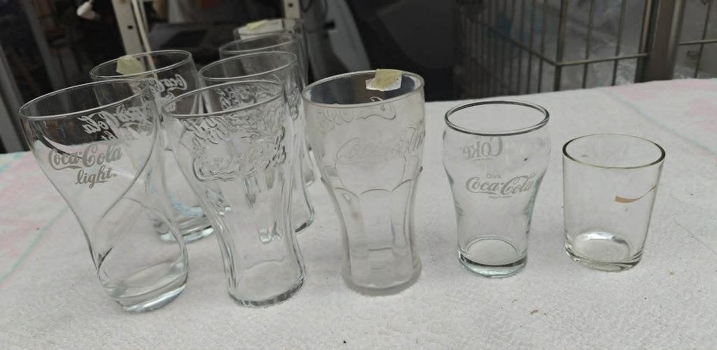 glazen Coca-Cola 9 stuks 5 verschillende, Ophalen of Verzenden, Zo goed als nieuw, Frisdrankglas