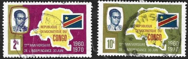 2 Postzegels 10 jaar onafhankelijkheid Congo-Kinshasa, Postzegels en Munten, Postzegels | Afrika, Ophalen of Verzenden, Overige landen